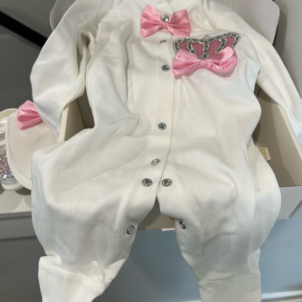 White and Pink Baby Layette Set with Crown and Bow Details